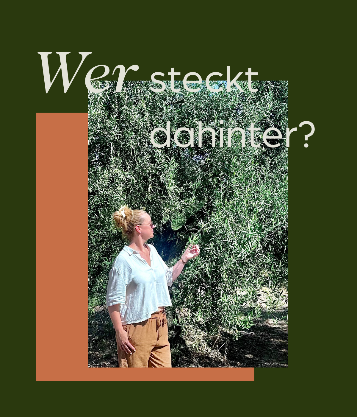 MANALOR Gründerin Nadja Roth betrachtet einen Olivenzweig in einem Olivenhain.